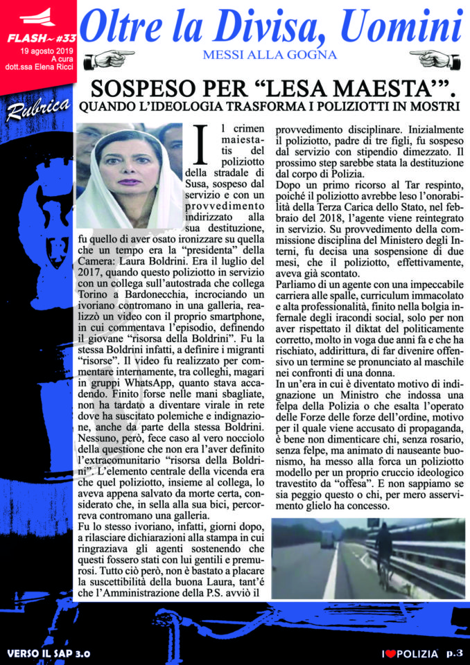 SOSPESO PER “LESA MAESTA'”. QUANDO L’IDEOLOGIA TRASFORMA I POLIZIOTTI IN MOSTRI