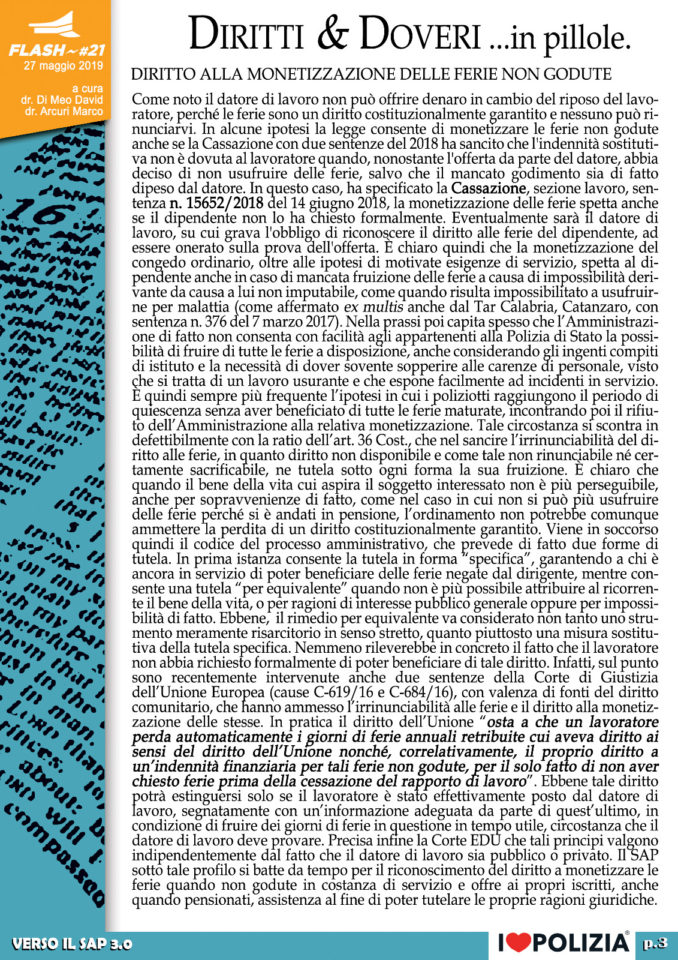 DIRITTO ALLA MONETIZZAZIONE DELLE FERIE NON GODUTE